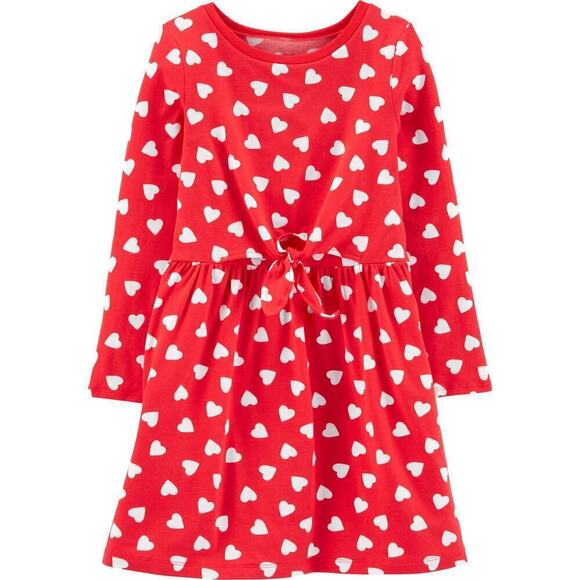 CARTERS Red Heart Print Long Sleeve Dress Tie Waist Girls' 12 Valentine's Day‎ - Picture 1 of 11